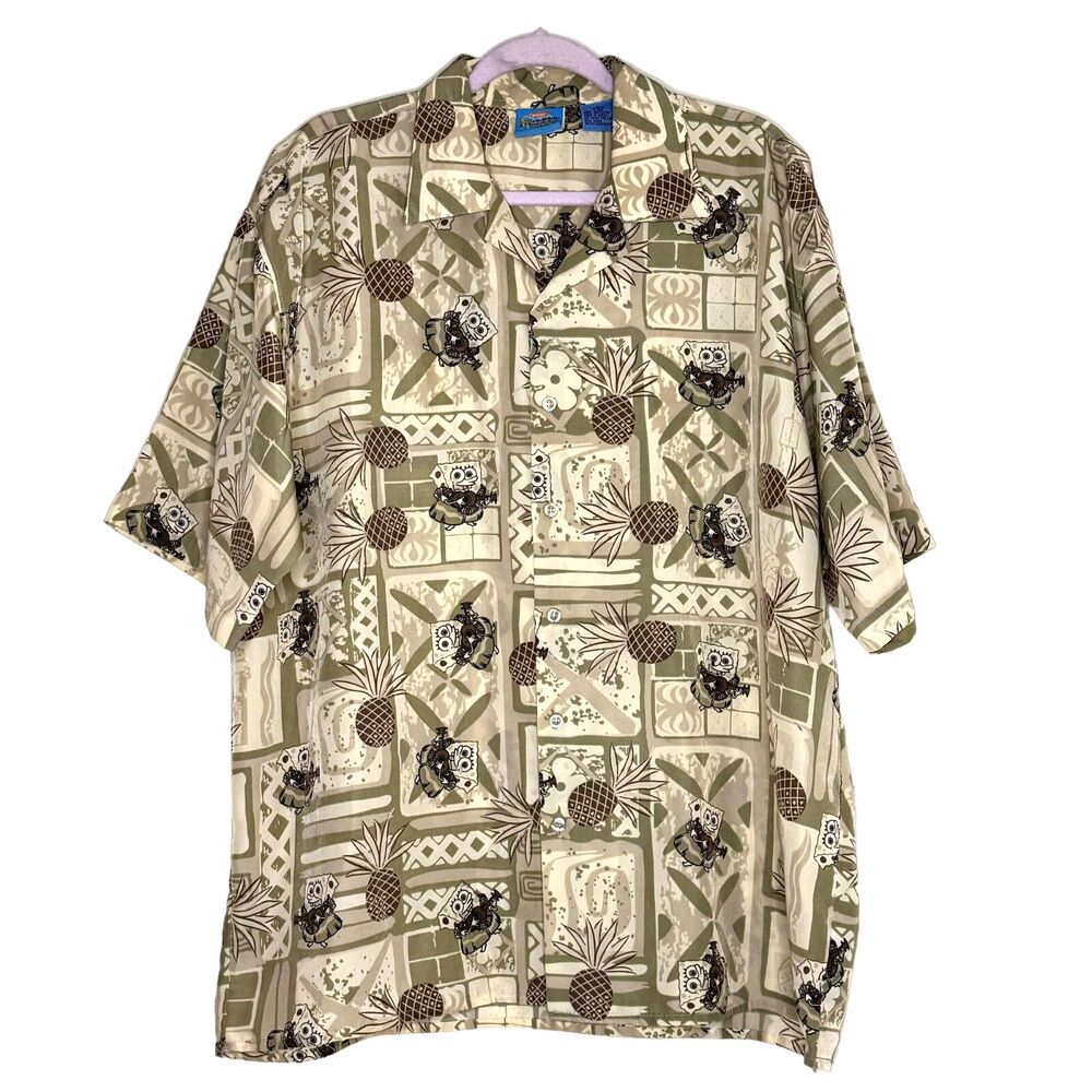 Nickelodean Sponge Bob Square Pants Vintage 2002 Hawaiian Shirt L bv